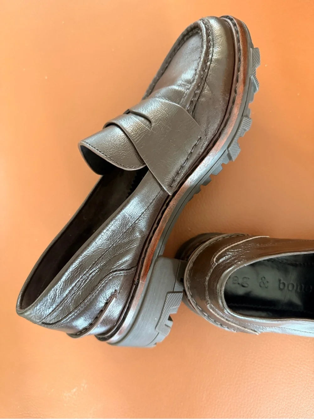 Rag & Bone || Shiloh Lug Sole Penny Loafers in Peluga Brown Patent Leather